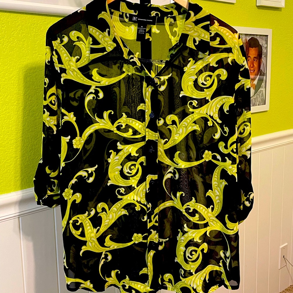 INC Sheer Blouse. Navy base with lime flourishes.
